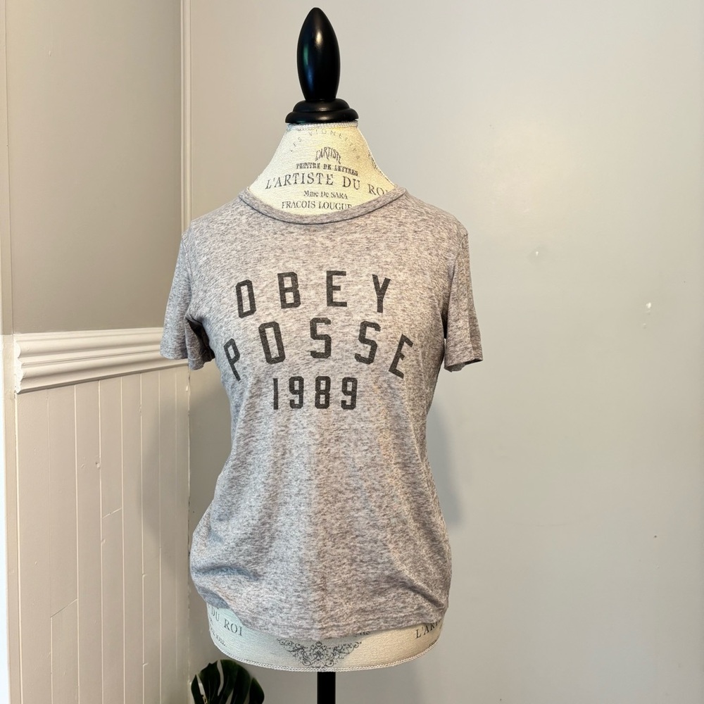 Vintage Obey Posse 1989 Gray Spell Out Logo Graphic Distressed Tee Size XS